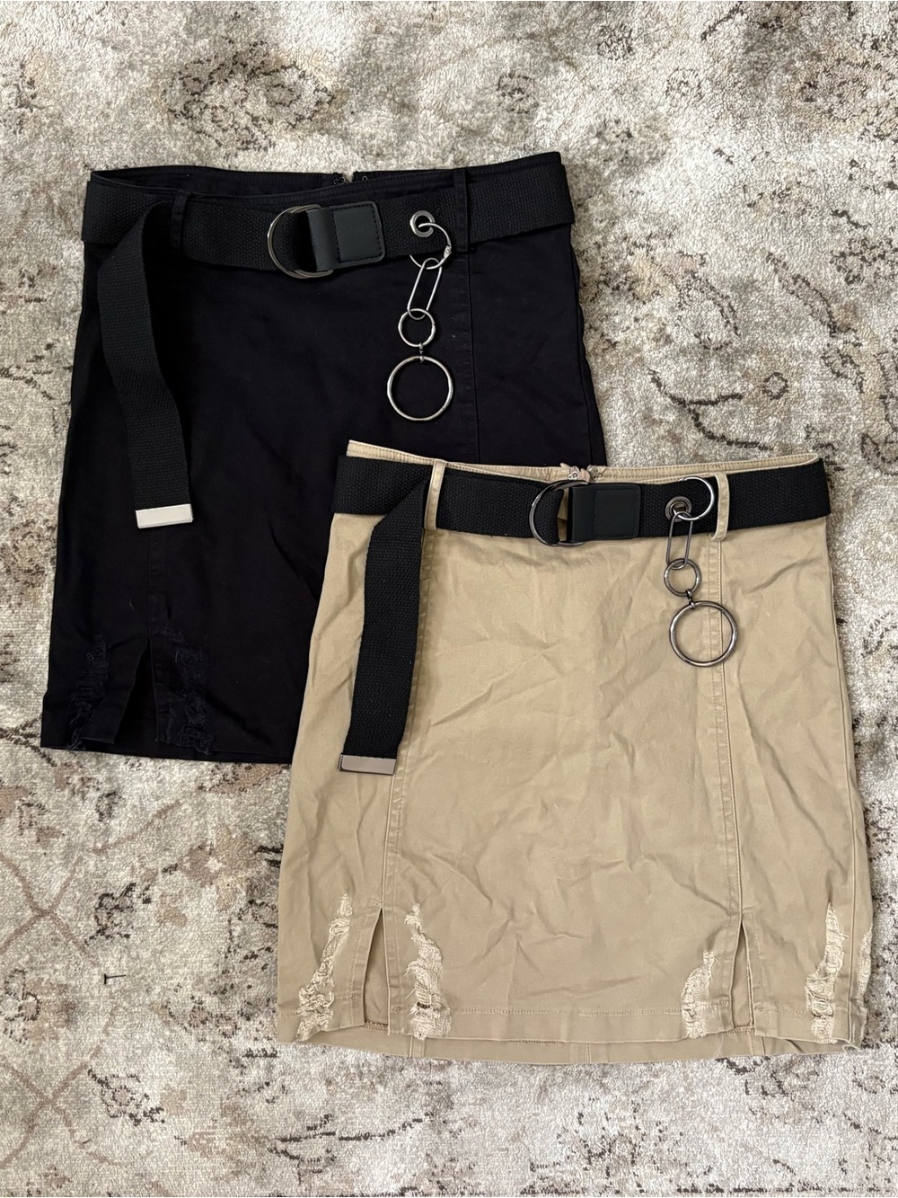 2 Carmar Utility Belted Mini Skirts in Black & Khaki w/ Drop Chain Size 6